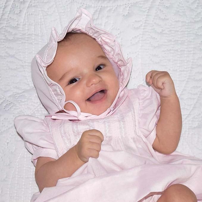 Feather and Pintucks Dress, Bloomers and Bonnet