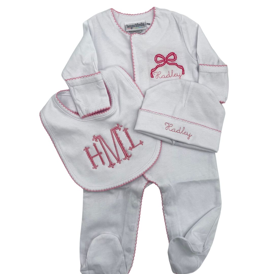 Custom Picot Newborn Trim Footie, Bib, & Hat