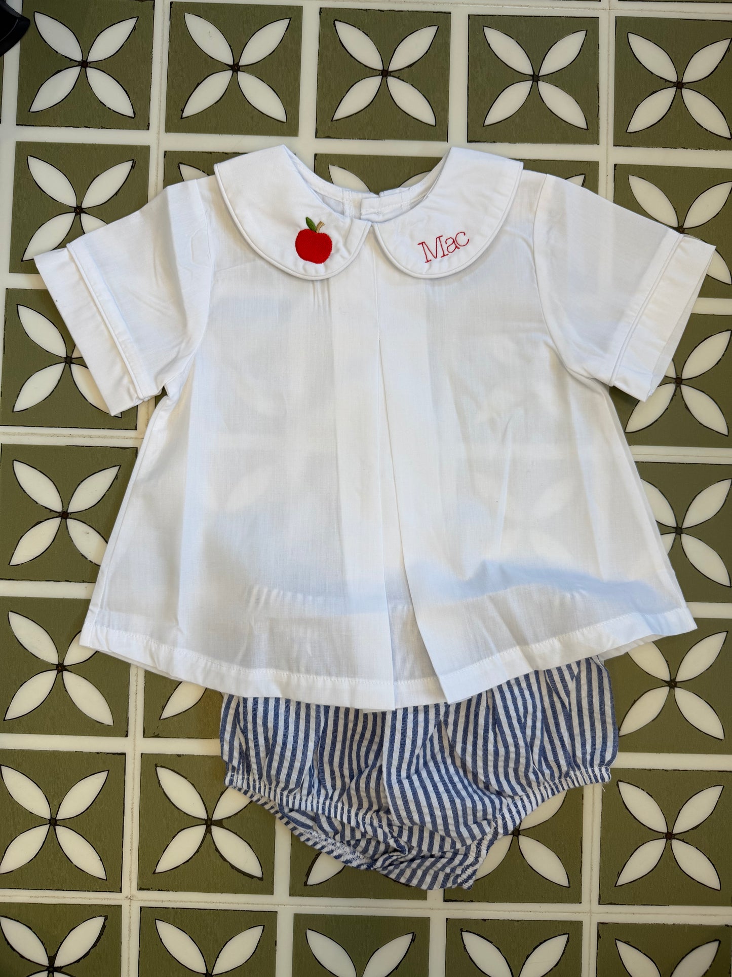 Peter Pan Collared Shirt and Navy Seersucker Bloomers