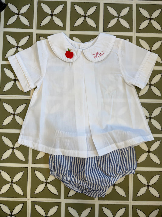 Peter Pan Collared Shirt and Navy Seersucker Bloomers