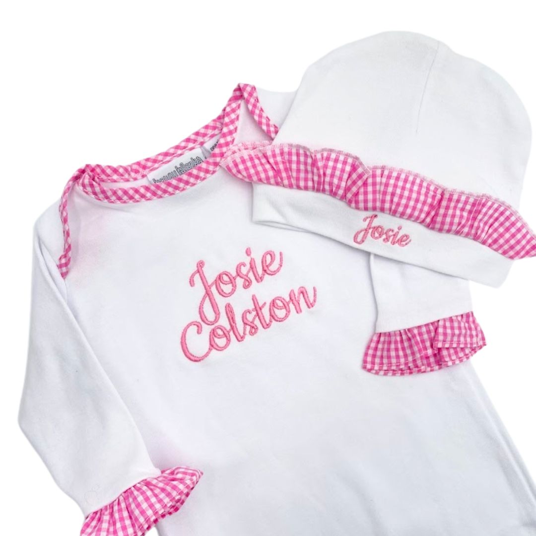 Pink Gingham Newborn Gown + Hat *Pre-Order*