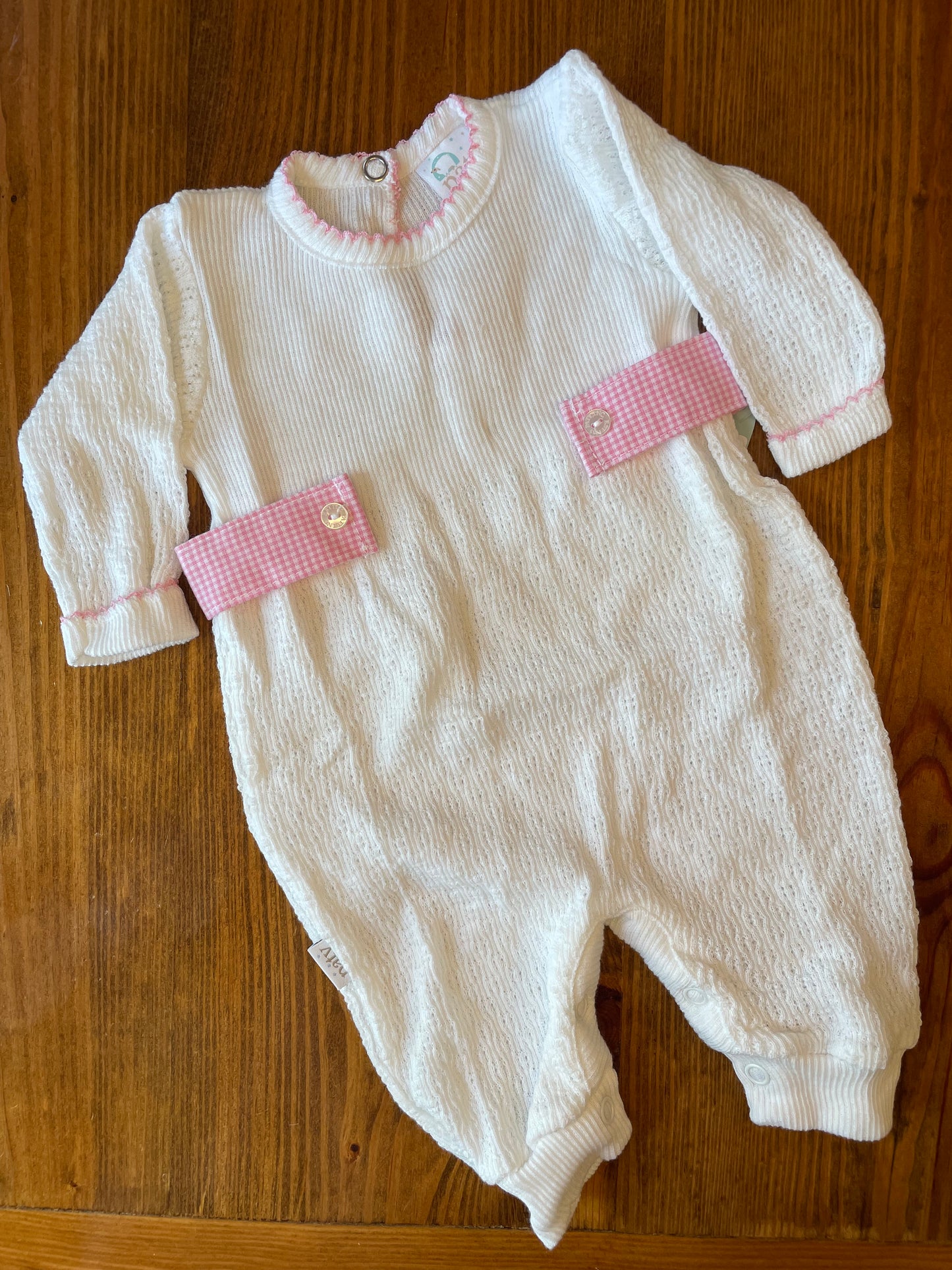 Paty Long Sleeve Romper with Pink Gingham Tabs