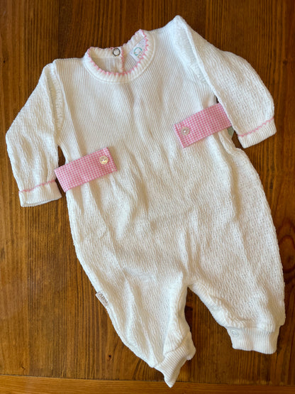 Paty Long Sleeve Romper with Pink Gingham Tabs